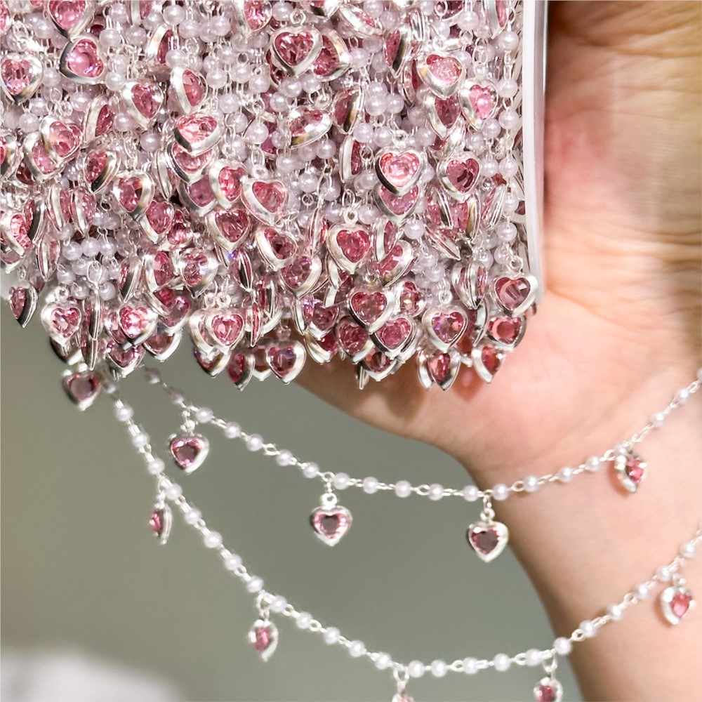 Pearl Trim Chain - 0,5 metra/1 metr Różowy Kryształowy Łańcuszek